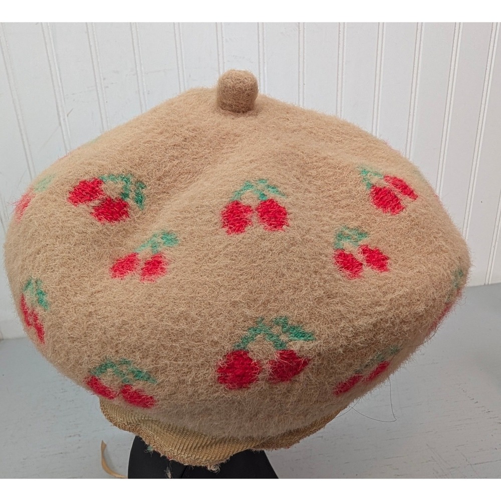 Maeve Anthropologie Wool‎ Cherry Fruit Pattern Beret Hat Knit Tan Outdoor